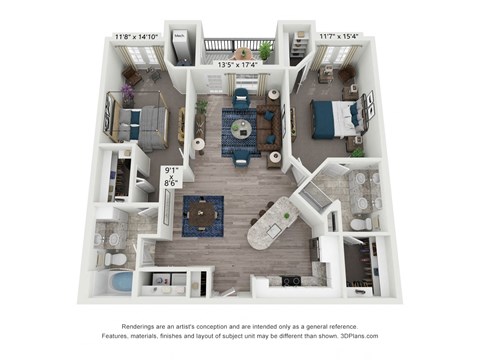Floor plan for 2 beds, 2 baths, 1248 sqft